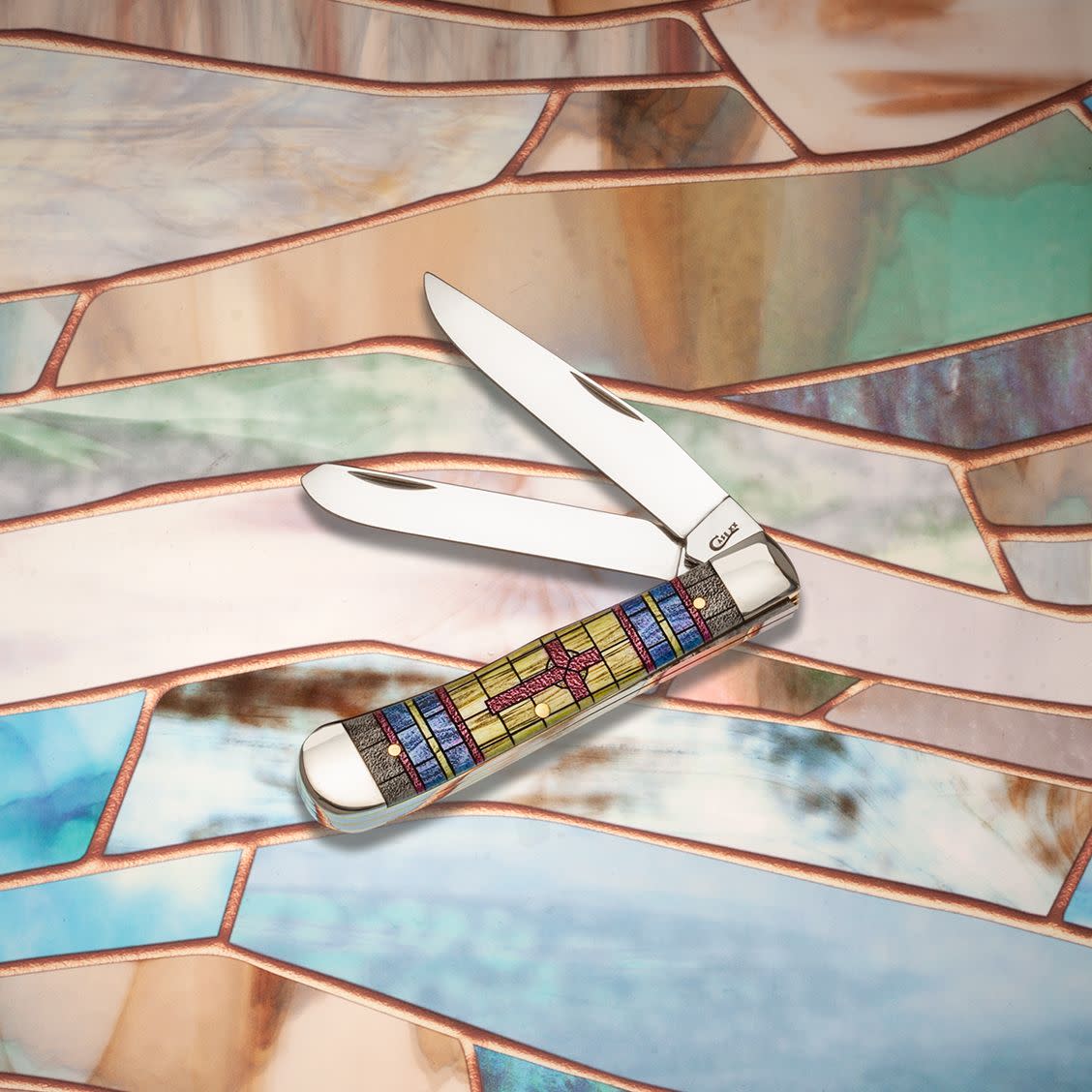 Smooth Natural Bone Stained Glass Trapper Cross in Jewel Box