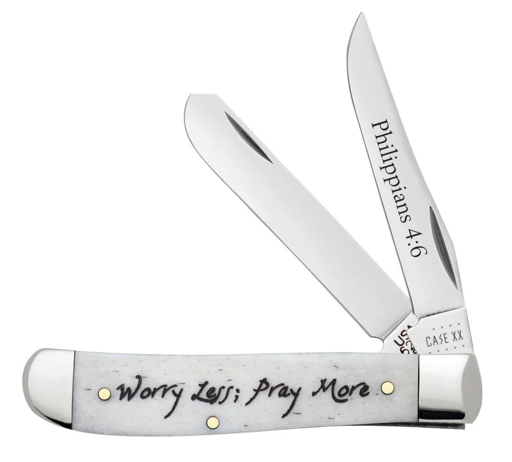 Religious Sayings Worry Less, Pray More Embellished Smooth Natural Bone Mini Trapper 1 Religious Sayings Worry Less, Pray More Embellished Smooth Natural Bone Mini Trapper