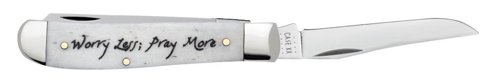 Religious Sayings Worry Less, Pray More Embellished Smooth Natural Bone Mini Trapper 5 Religious Sayings Worry Less, Pray More Embellished Smooth Natural Bone Mini Trapper