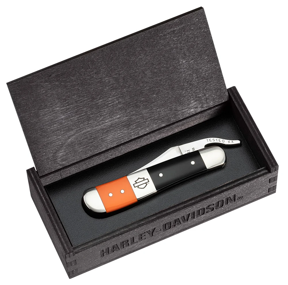 Harley-Davidson® Gift Set Embellished Smooth Orange & Black Synthetic RussLock® in Wooden Puzzle Box 6 Harley-Davidson® Gift Set Embellished Smooth Orange & Black Synthetic RussLock® in Wooden Puzzle Box