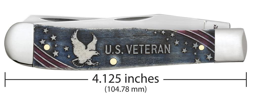 U.S. Veteran Gift Set Embellished Smooth Natural Bone with Blue and Red Color Wash Trapper (In Velvet Box)