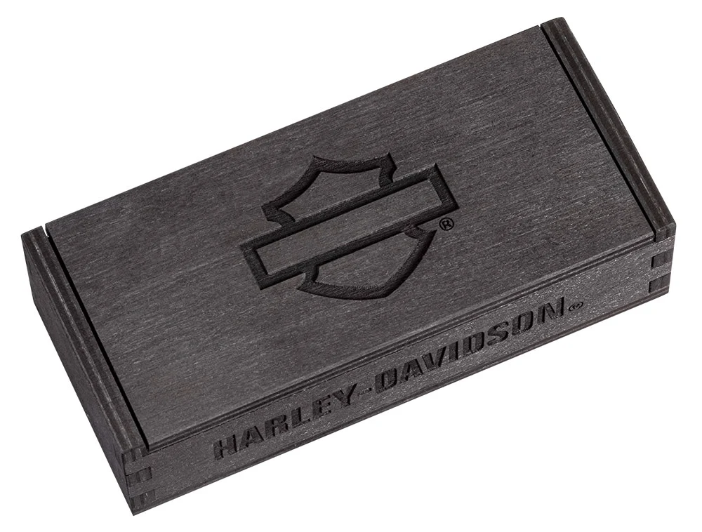 Harley-Davidson® Gift Set Embellished Smooth Orange & Black Synthetic RussLock® in Wooden Puzzle Box 7 Harley-Davidson® Gift Set Embellished Smooth Orange & Black Synthetic RussLock® in Wooden Puzzle Box