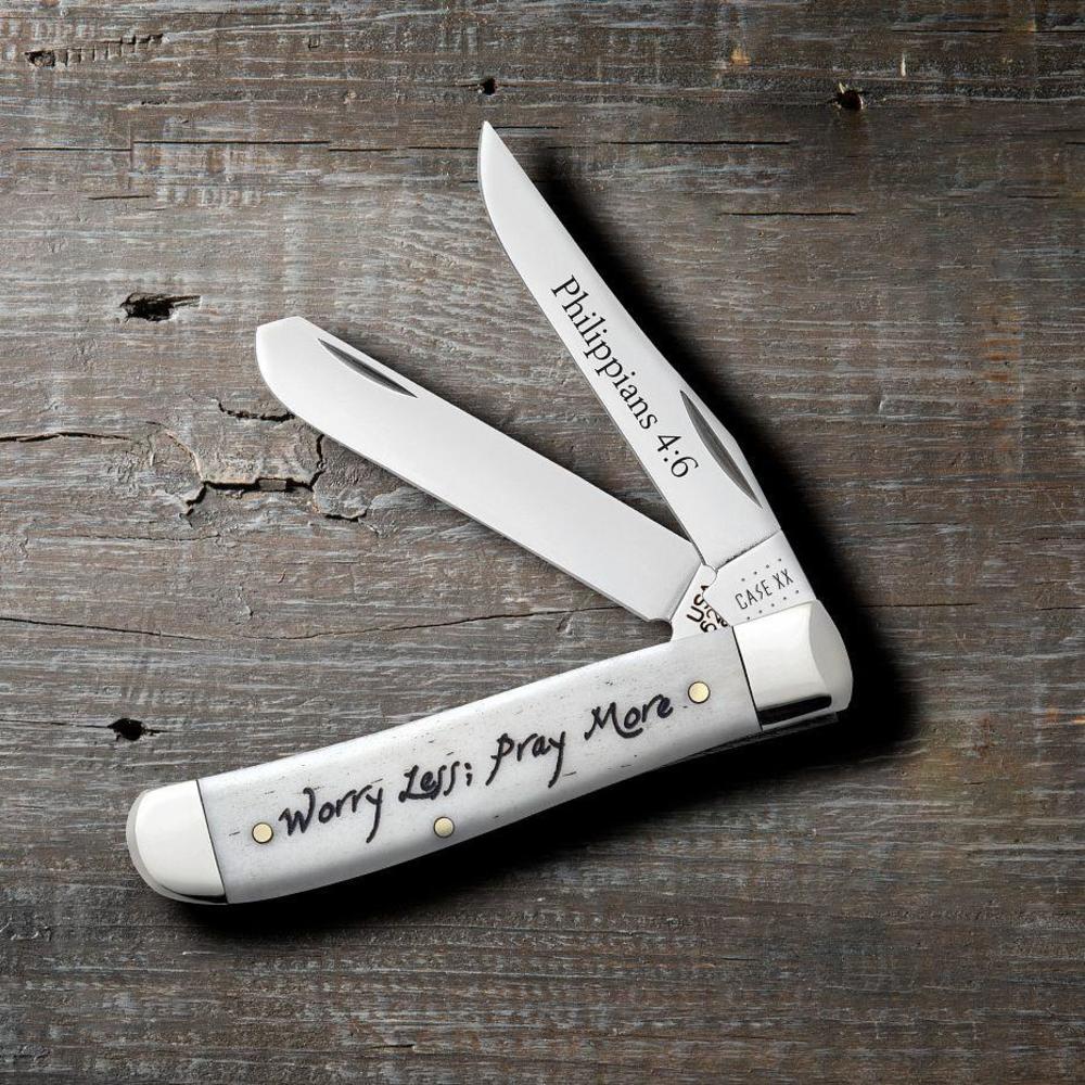 Religious Sayings Worry Less, Pray More Embellished Smooth Natural Bone Mini Trapper