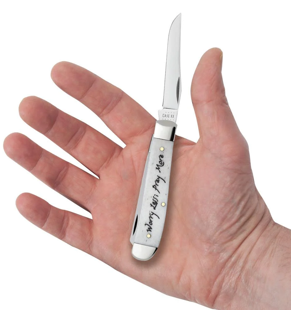 Religious Sayings Worry Less, Pray More Embellished Smooth Natural Bone Mini Trapper 6 Religious Sayings Worry Less, Pray More Embellished Smooth Natural Bone Mini Trapper